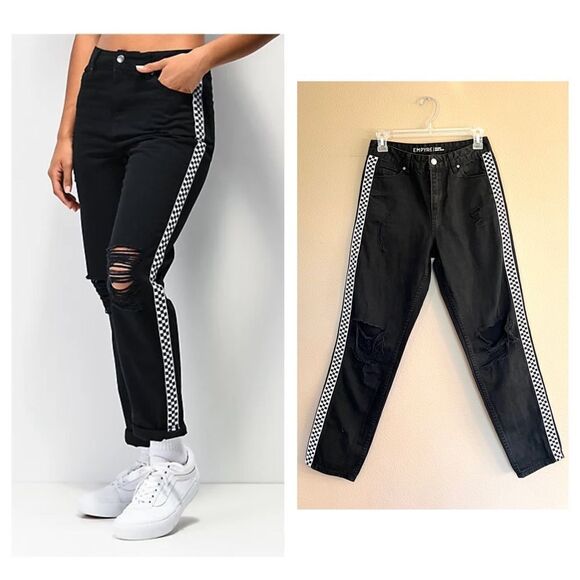 Empyre Eileen Checkerboard Stripe Mom Jeans - Picture 1 of 14